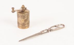 ANTIQUE PAIR OF STEEL COMBINATION SCISSORS AND LETTER OPENER, together with an AGED BRASS PEPPER