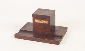 TWENTIETH CENTURY SOFTWOOD INK STANDISH, oblong with hinge top and inkwell bears plaque 'FROM THE