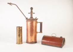 COPPER HOT WATER BOTTLE, lacks screw on cap, together with a LARGE COPPER PUMP ACTION GARDEN