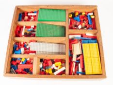 CIRCA 1960's 'LEGO SYSTEM' BOXED LEGO PIECES IN ORIGINAL SECTIONAL WOOD BOX, the pictorial fold