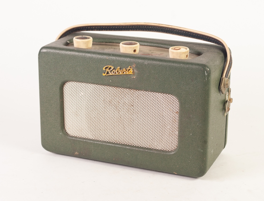 ROBERTS RADIO COMPANY MODEL R200 EARLY PORTABLE TRANSISTOR RADIO, green and cream fabric case, the