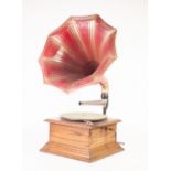 UNBRANDED SIMPLE OAK CASED TABLE TOP WIND UP GRAMOPHONE, with speed regulator screw and winding