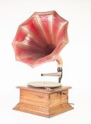 UNBRANDED SIMPLE OAK CASED TABLE TOP WIND UP GRAMOPHONE, with speed regulator screw and winding