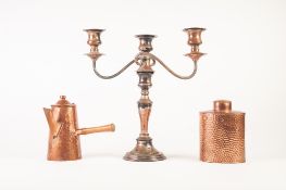 ELECTROPLATED THREE LIGHT CANDELABRA, together with a CHILEAN PLANISHED COPPER COFFEE POT with