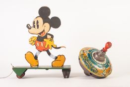CIRCA 1940's MICKEY MOUSE PULL ALONG TOY, the painted silhouette/ fret cut plywood figure of