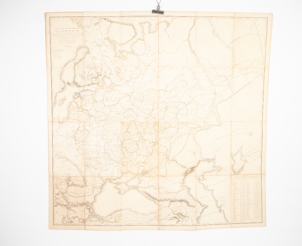 an 1818 'CARTE DE LA PARTIE EUROPEENNE DE L'EMPIRE DE RUSSIE' FOLDING LINEN BACKED MAP, 48" x 47" (