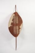 AFRICAN COW HIDE PIERCED AND LOZENGE SHAPE SHIELD with long stick handle