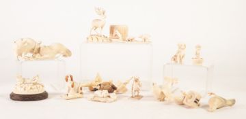 SELECTION OF SMALL LATE 19th/EARLY 20th CENTURY CARVED IVORY OBJECTS to include a stag on rockwork