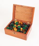 MAHOGANY BOXED SET OF STAUNTON TYPE NATURAL AND EBONISED BOXWOOD WEIGHTED CHESS PIECES - 32 pieces