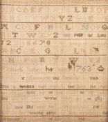 EIGHTEENTH CENTURY CHILD'S SAMPLER BY ELIZABETH PORTER? ,set out in lines, with the alphabet above