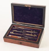 LATE VICTORIAN ROSEWOOD CASED SET OF DRAWING IMPLEMENTS