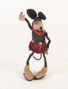 EARLY TWENTIETH CENTURY VELVET FABRIC, CHAMOIS LEATHER AND WIRE FIGURE OF MICKEY MOUSE, with long