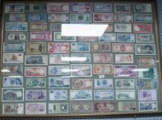 A LARGE GLAZED FRAME CONTAINED A DISPLAY OF 70 USED ALL-WORLD BANK NOTES, mostly post-war, including