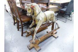 LINES BROS LTD. 'TRIANG-TOYS' AYRES TYPE VINTAGE WHITE PAINTED CARVED PINE PLATFORM ROCKING HORSE,