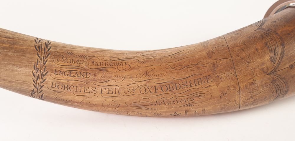 INTERESTING EARLY NINETEENTH CENTURY OXEN HORN, WITH INTRICATE INSCRIPTION AND DETAIL with flowering - Image 2 of 6