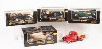 THREE BOXED BURAGO 1-18 SCALE MODELS OF VINTAGE SPORTS CARS, including Mercedes Benz 300 SL (1954)