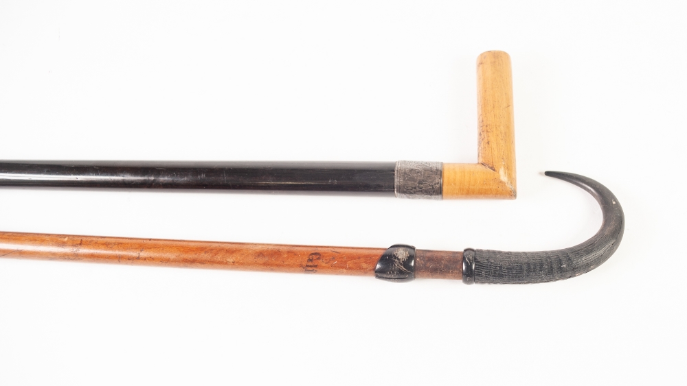 EARLY 1900s EBONY WALKING STICK with silver ferrule and ANOTHER WITH RAM'S HORN HANDLE, inscribed ' - Image 2 of 2