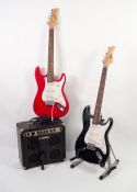 TWO ELECTRIC GUITARS, Stratocaster shape, one made by Shine, red body, the other by Powerplay, black
