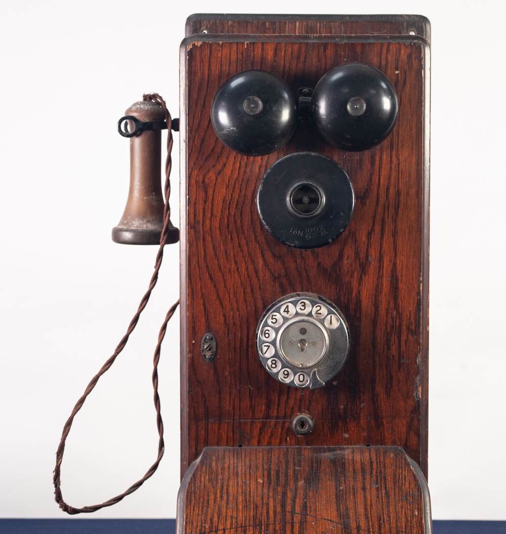 EARLY 20th CENTURY OAK CASE MURAL TELEPHONE, the front with two metal bells over a fixed black - Image 3 of 3