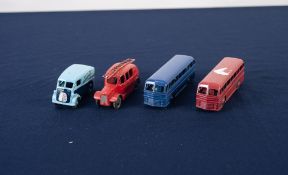 FOUR UNBOXED CIRCA 1940s DINKY DIECAST TOY VEHICLES, includes Morris 10 cwt van 'Have a Capstan',