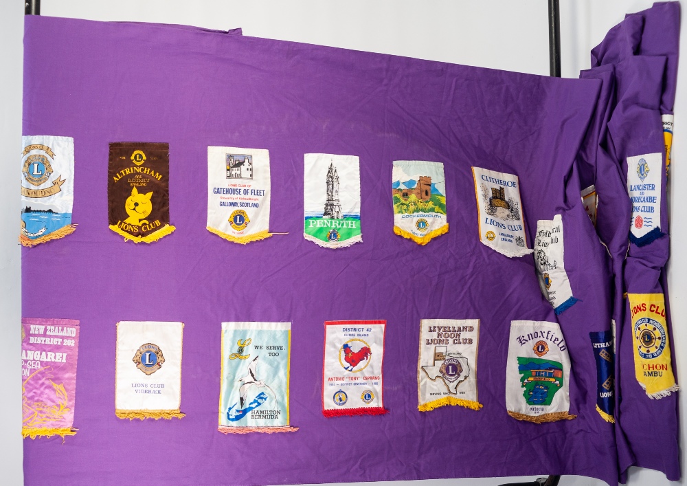 A LONG PURPLE FABRIC SHEET, applied with approx 40 Lions Club pennants - Image 4 of 4