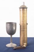 19th CENTURY MIDDLE EASTERN BRASS, TALL CYLINDRICAL TWO-PART SPICE GRINDER with removable and