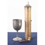 19th CENTURY MIDDLE EASTERN BRASS, TALL CYLINDRICAL TWO-PART SPICE GRINDER with removable and