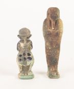 EGYPTIAN EARTHENWARE SHABTI FIGURE in the form of a mummy, 4 1/2" (11.5cm) high and ANOTHER, A DEITY