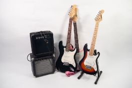 ELECTRIC GUITAR, Stratocaster shape, one made by Pitchmaster, black body with two TWO SMALL