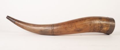 INTERESTING EARLY NINETEENTH CENTURY OXEN HORN, WITH INTRICATE INSCRIPTION AND DETAIL with flowering