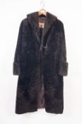 LADY'S LUSTROUS DARK BROWN BEAVER LAMB FULL LENGTH FUR COAT with shawl collar, deep cuffs, hoo