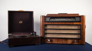 SABA (GERMAN) WOODEN CASED RADIO together with a wooden cased 1940s HMV ELECTRIC TURNTABLE (2)