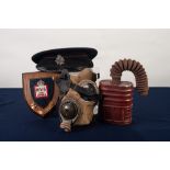 WORLD WAR II 'N.F.A.' CAP with metal badge, a fawn canvas GAS MASK 'WWR Ltd. 1938' with the metal