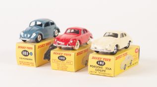 THREE BOXED COPIES OF DINKY TOYS DIE CAST TOY CARS viz red Porsche 356A Coupe, model No. 182,