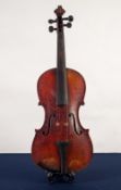 A NINETEENTH CENTURY POSSIBLY FRENCH VIOLIN, (badly cracked varnish and cracked back) in wooden case