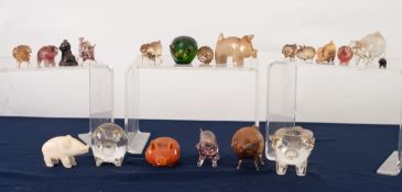 FIFTEEN VARIOUS GLASS PIG ORNAMENTS AND FIVE STONE PIG ORNAMENTS (20)