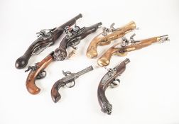 SEVEN DECORATIVE COPIES OF ANTIQUE PISTOLS, FLINTLOCK AND PERCUSSION, the most realistic being a