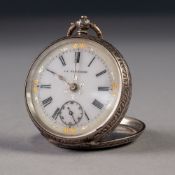 LADY'S SILVER COLOURED METAL POCKET WATCH with key wind movement, gilt decorated porcelain roman