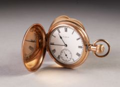 ELGIN ROLLED GOLD HUNTER POCKET WATCH, with keyless movement white Roman dial with subsidiary