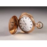 ELGIN ROLLED GOLD HUNTER POCKET WATCH, with keyless movement white Roman dial with subsidiary