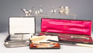 CASED ELECTROPLATED PRESERVE SPOON AND BUTTER KNIFE SET, together with a CASED SET OF SIX
