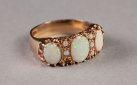 9ct GOLD OPAL AND DIAMOND RING, set with three oval opals and two rows of tiny opals (one tiny