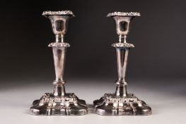 PAIR OF WALKER & HALL SILVER PLATE WEIGHTED CANDLESTICKS of rounded baluster form with removable