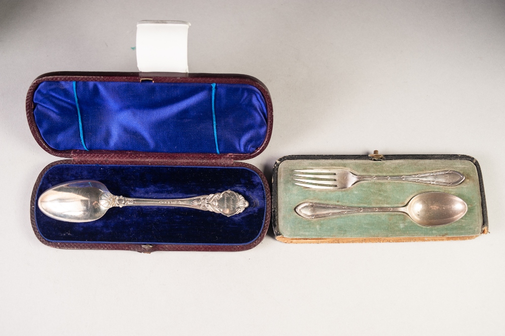 CHILD'S SILVER SPOON AND FORK, with reed and ribbon borders, makers Walker and Hall, Sheffield