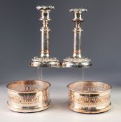 PAIR OF SILVER PLATED ON COPPER TELESCOPIC CANDLESTICKS, each with urn shaped sconces and scroll