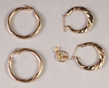 TWO PAIRS OF 9ct GOLD HOOP EARRINGS AND A 9ct GOLD CIRCULAR AND DOLPHIN PENDANT, 3.4gms