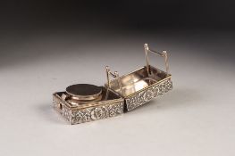 VICTORIAN SILVER TRAVELLING CURLING TONGS HEATER, of fold-out box form, chased and repousse autour