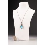 ART DECO MARCASITE PENDANT, set with a large rectangular blue stone on a fine chain necklace and