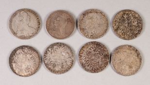 QUEEN VICTORIAN SILVER CROWN COIN 1889 AND SEVEN LARGE COINS, marked 'M. Thersia 1780' 6.8oz in