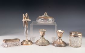 SIX PIECES OF EDWARD VII AND LATER SILVER, comprising: CUT GLASS HAIR TIDY WITH EMBOSSED PULL-OFF